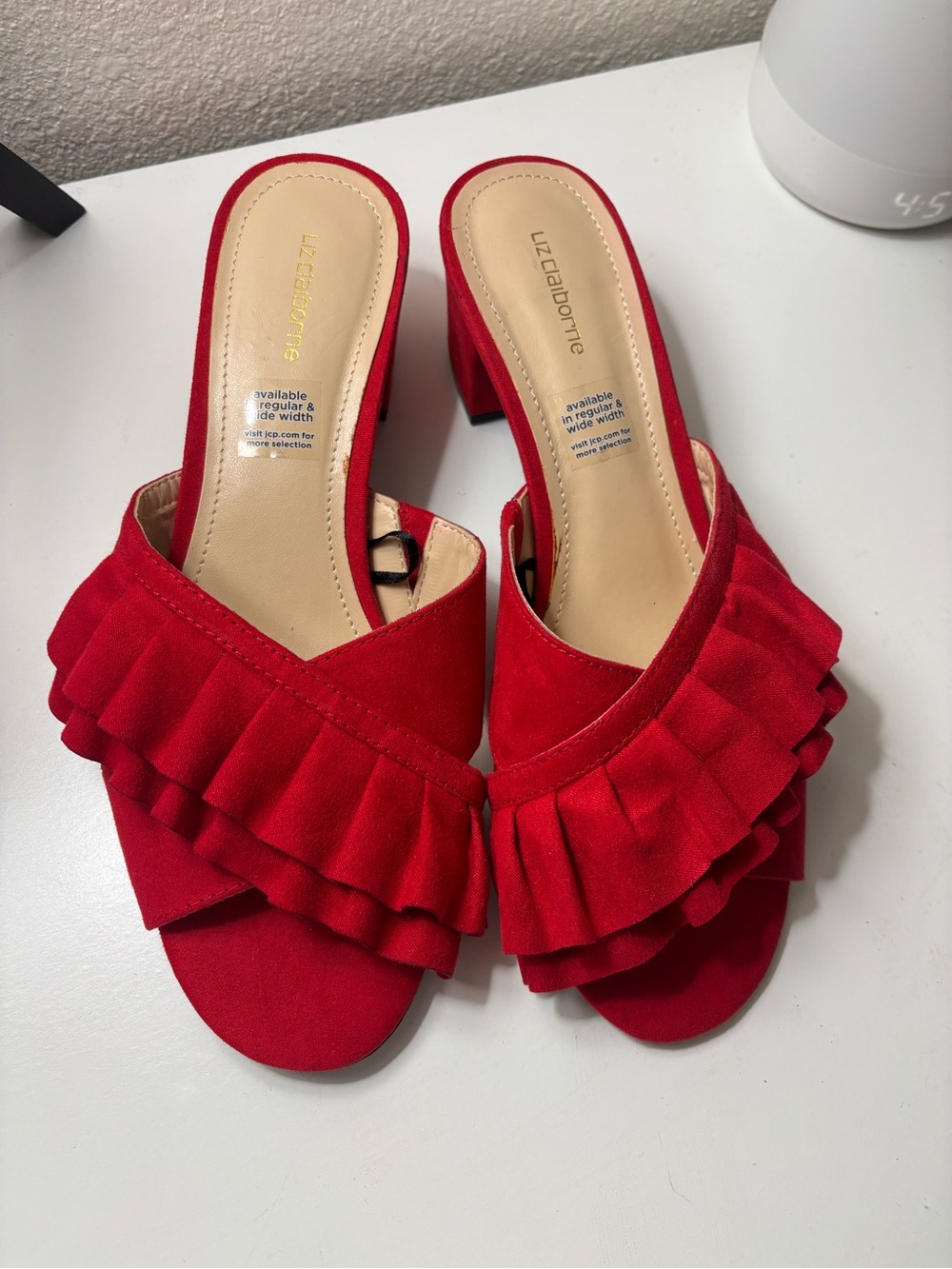 Liz Claiborne Red Ruffle Block Heel Mules